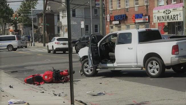 <p>Multiple vehicle accident involving a motorcycle in Ozone Park.